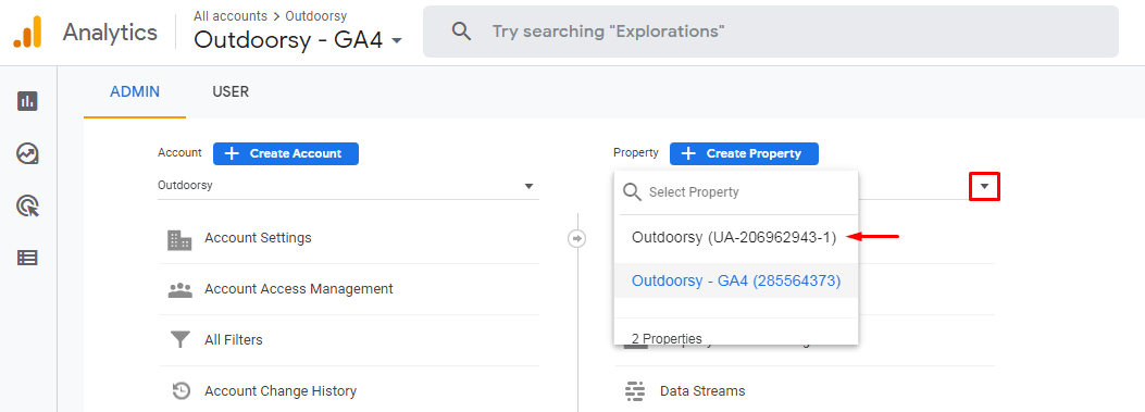 Change properties in Google Analytics account