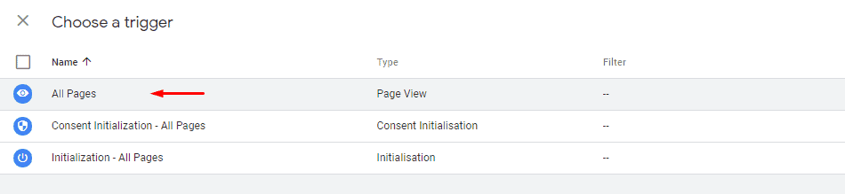 Select all pages as trigger for Universal analytics GTM tag
