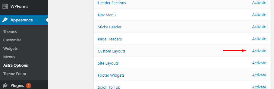 Activate Custom Layouts in Astra WordPress
