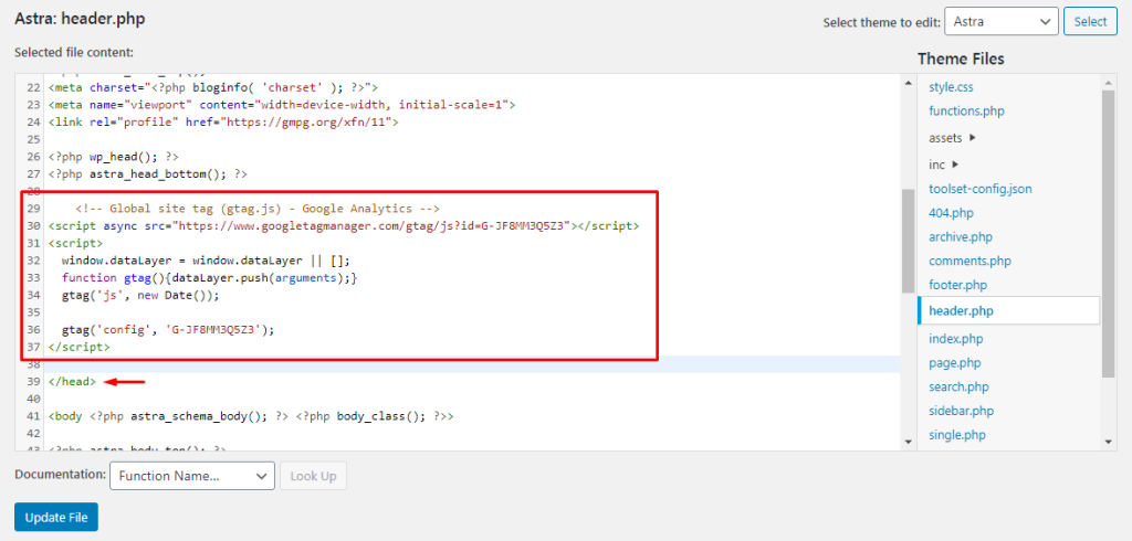 Adding global site tag in header.php file in WordPress