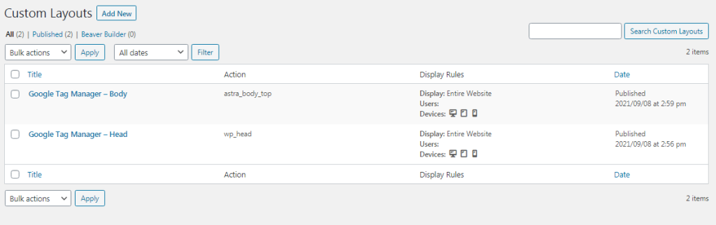 Custom Layouts page for Google tag manager