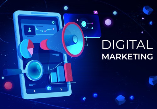 Digital marketing icons coming out of a tab screen
