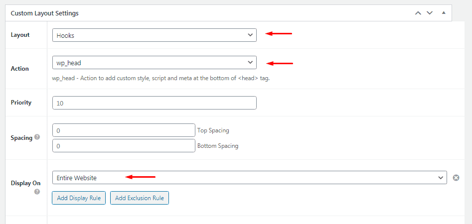 Enter Custom Layout settings for GTM Head