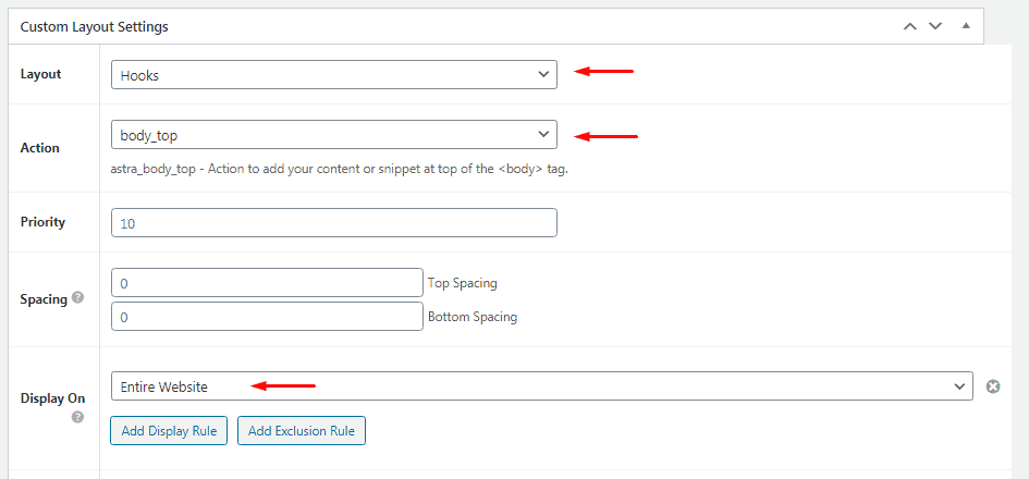 Enter Custom Layout settings for GTM body code