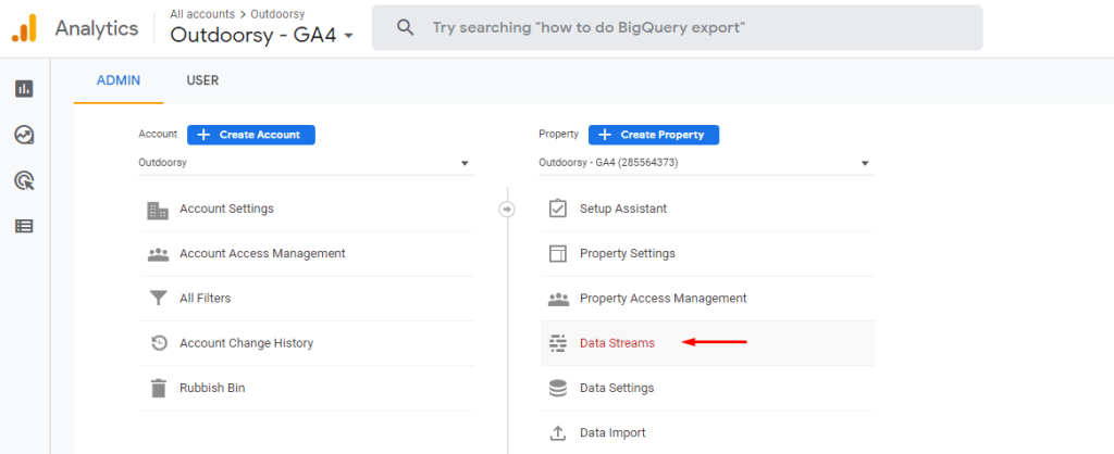 Find Data streams in Google Analytics 4