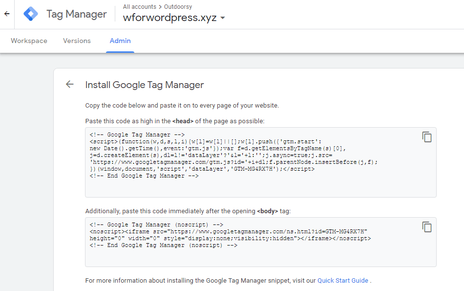 Find GTM codes in the Admin area