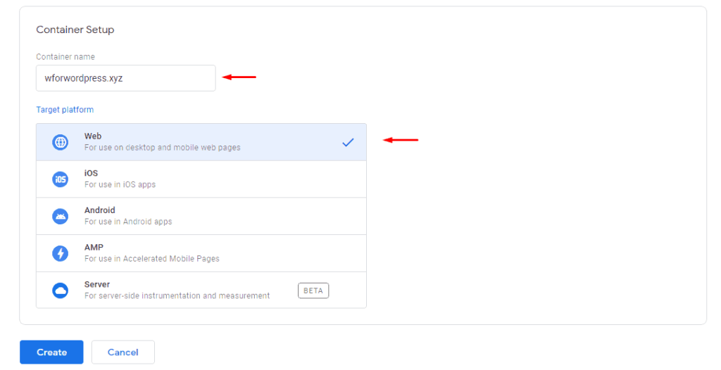 Give container name in Google tag manager