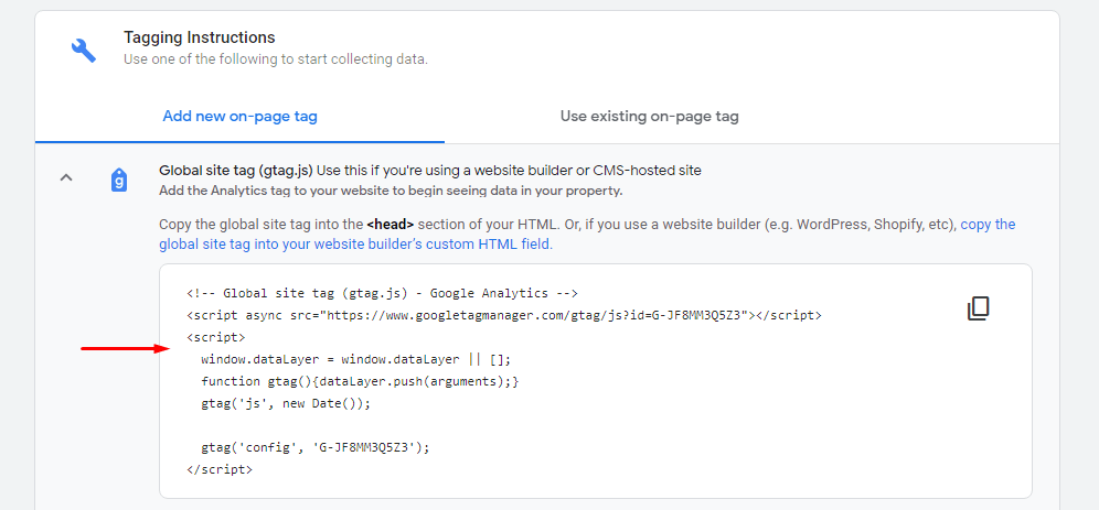 Global site tag snippet in Google Analytics 4