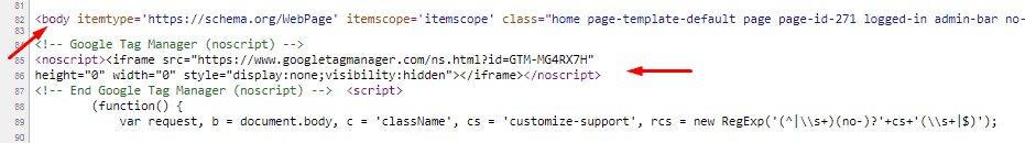 Google tag manager body code in page source code