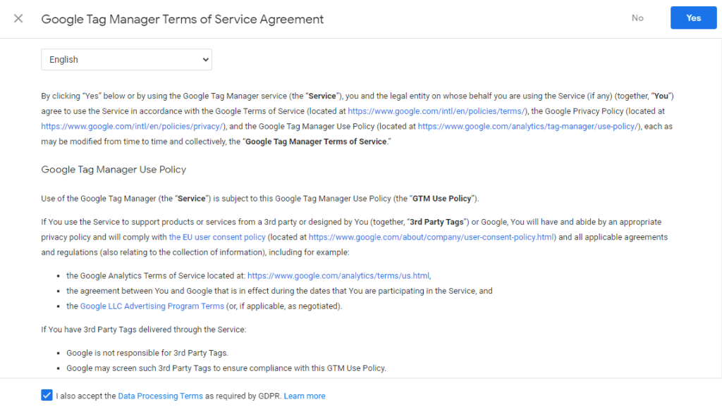 Google tag manager terms of service agreement