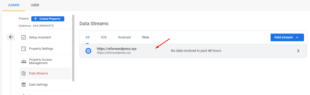 Locate Data stream in Google Analytics 4