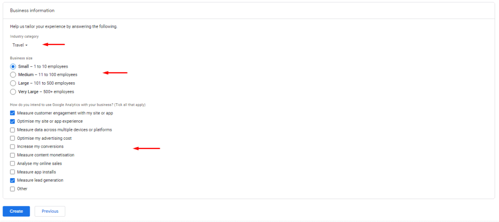 Provide business information in Google Analytics setup