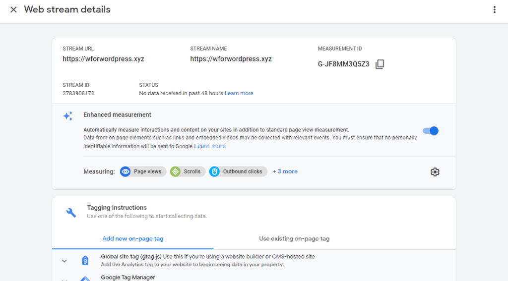 Web stream details page in Google Analytics 4